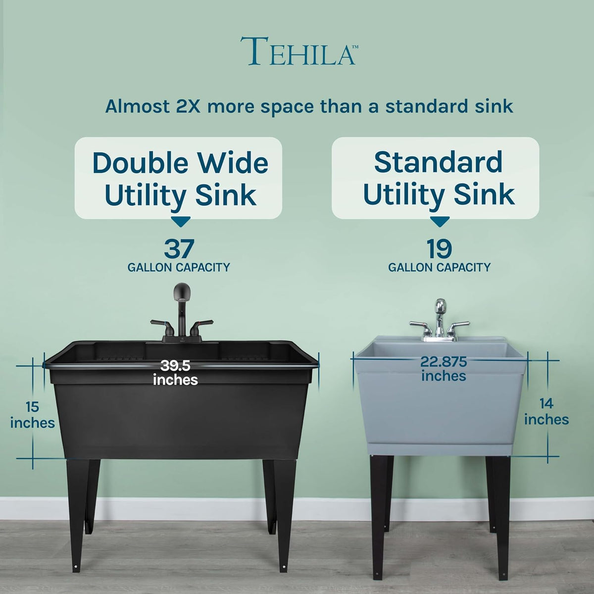Tehila Freestanding Double-Wide Utility Sink with Steel Legs & Black Pull-Out Faucet, Multi-Purpose Heavy-Duty Laundry Tub and Kitchen Sink for Homes