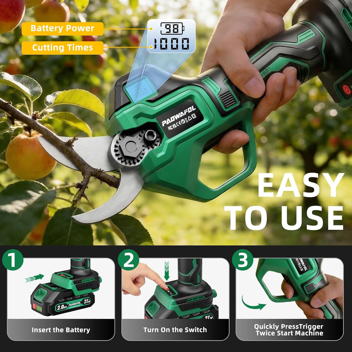 2.5“/63mm Electric Pruning Shears, Upgraded Cordless Electric Scissors