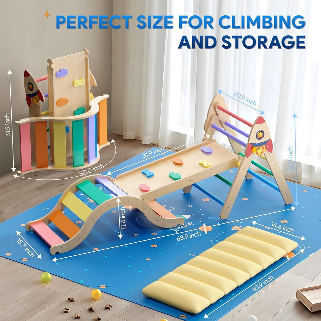 Pikler Triangle Set with Cushion, 9-in-1 Kids Climbing Toys for Toddlers 1-3 Inside, Montessori Toddler Climbing Toys Indoor, Large Wooden Pikler