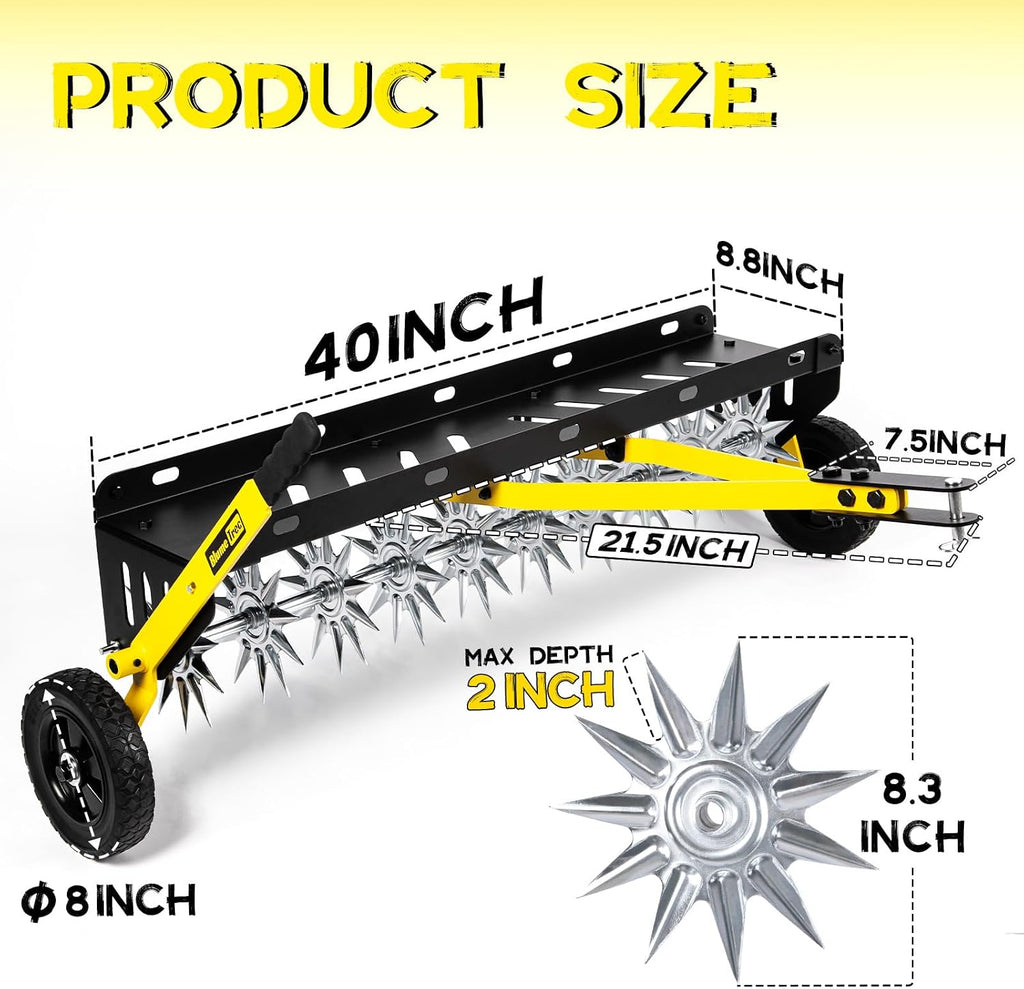 40-Inch Tow Behind Spike Aerator, Pull Behind Lawn Aerator with 10 Galvanized Steel Tines for Aerating Lawns, Soil Penetrator Spikes Tractor with