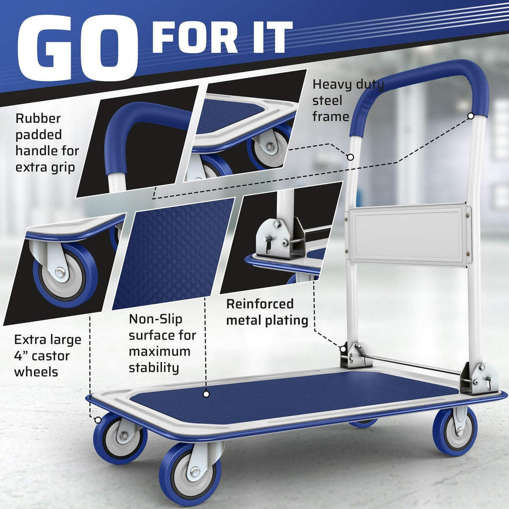 Heavy Duty Foldable Push Cart Dolly | 660 lbs. Capacity | Upgraded Collapsible Hand Truck Folding Platform with Swivel Wheels | Flat Bed Moving Wagon