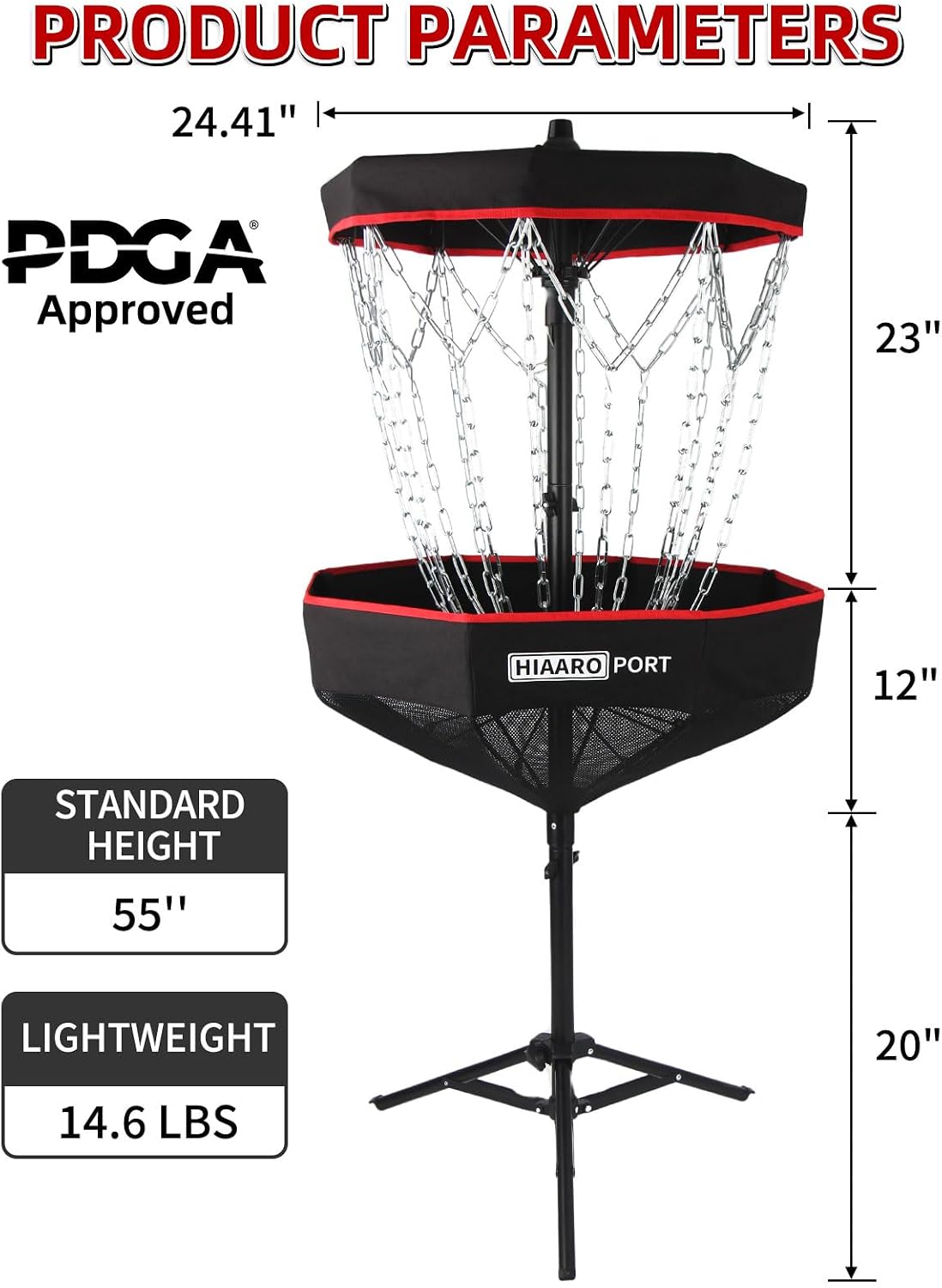 PDGA Approved - HIAARO Portable Disc Golf Basket with 16 Heavy Duty Chains, Foldable Disc Golf Target with Carry Bag for Practice