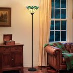 Stained Glass Floor Lamp with Tree Leaf Pattern, Vintage Style Torchiere Floor Lamp, Tall Corner Pole Lamp with Foot Switch, Antique Decorative