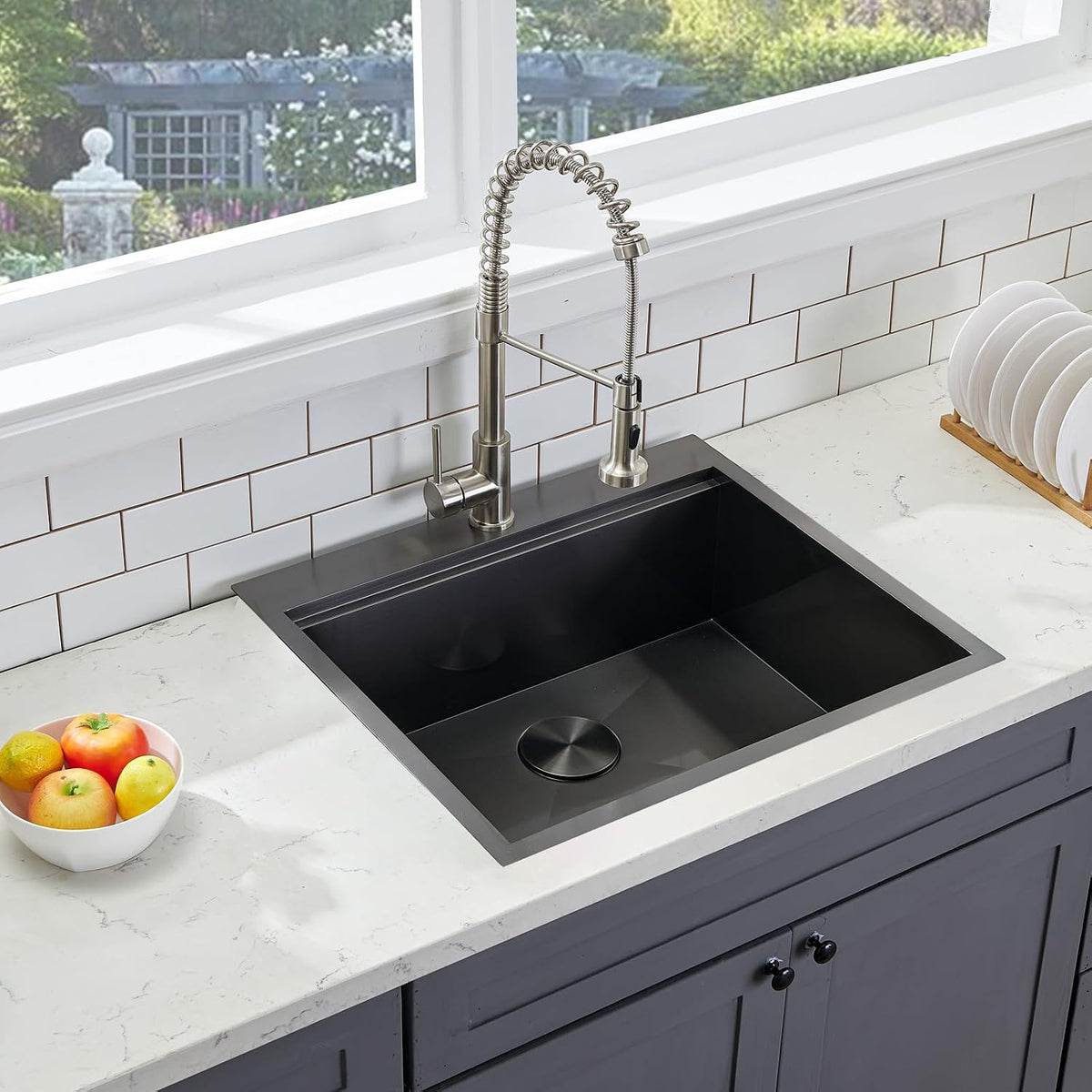 18x18 Inch Drop In Black Bar Sink, 18 Inch Gunmetal Black Small Kitchen Sink, Stainless Steel 16 Gauge Single Bowl Laundry Prep RV Sink with Strainer