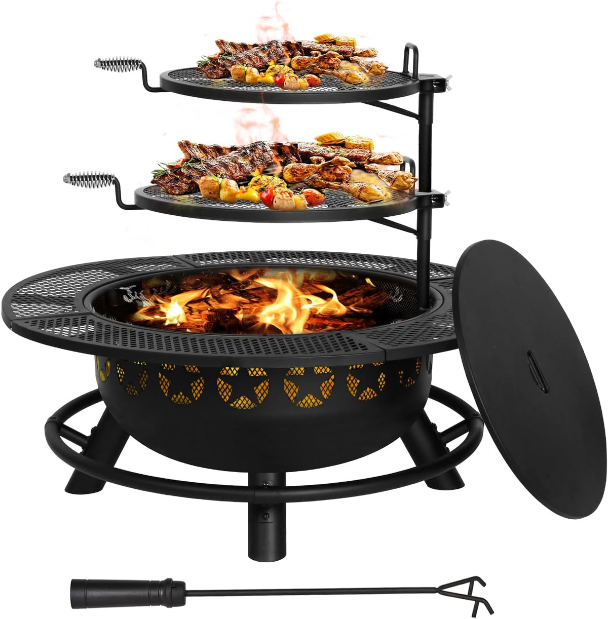 Hykolity 35 Inch Fire Pit with 2 Cooking Grate & Charcoal Pan, Outdoor Wood Burning BBQ Grill Firepit Bowl with Cover Lid, Steel Round Table for