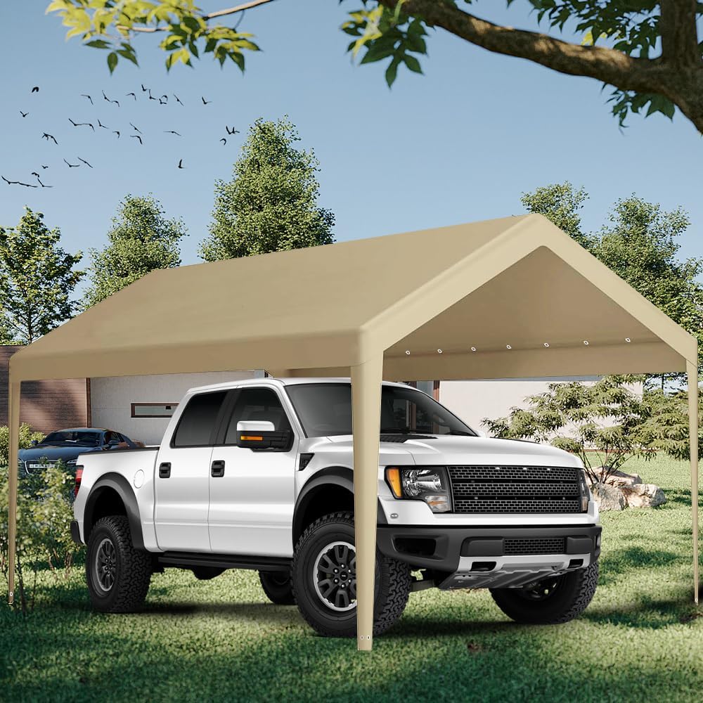 Carport Replacement Canopy, Replacement Top Cover for 10' x 20' Carport Frame, 180G PE Fabric Waterproof & UV Protected Tarp with Ball Bungees, Beige