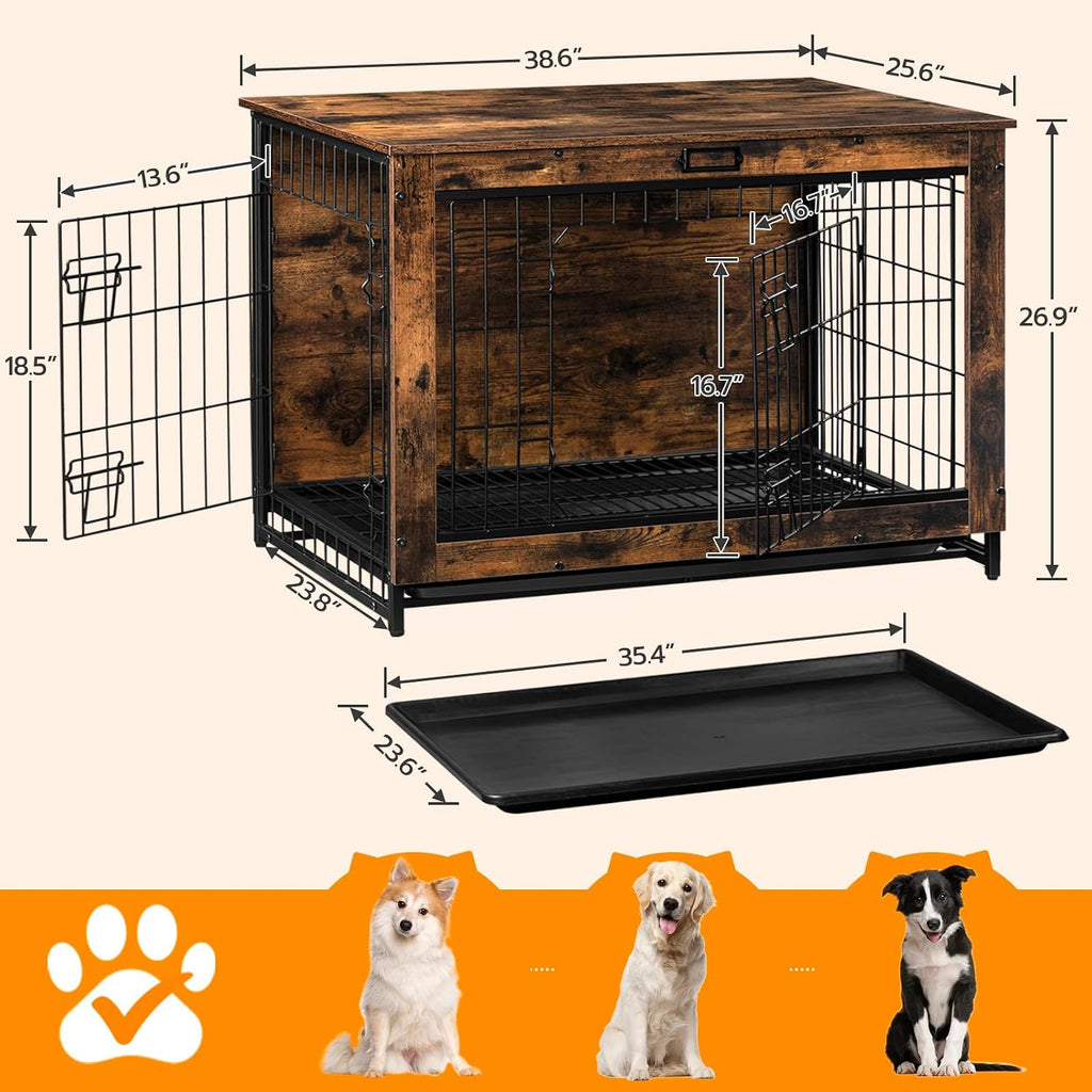 HOOBRO Dog Crate Furniture, 38.6" Large Dog Kennel Indoor, Wooden Cage with Pull-Out Tray, Double Doors Pet House Side End Table for