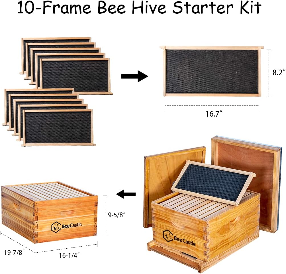 BeeCastle 10-Frame Bee Hives and Supplies Starter Kit,Beehive Kit Dipped in Beeswax,Bee Keeping Supplies-All Beginners Kit Includes Beekeeping