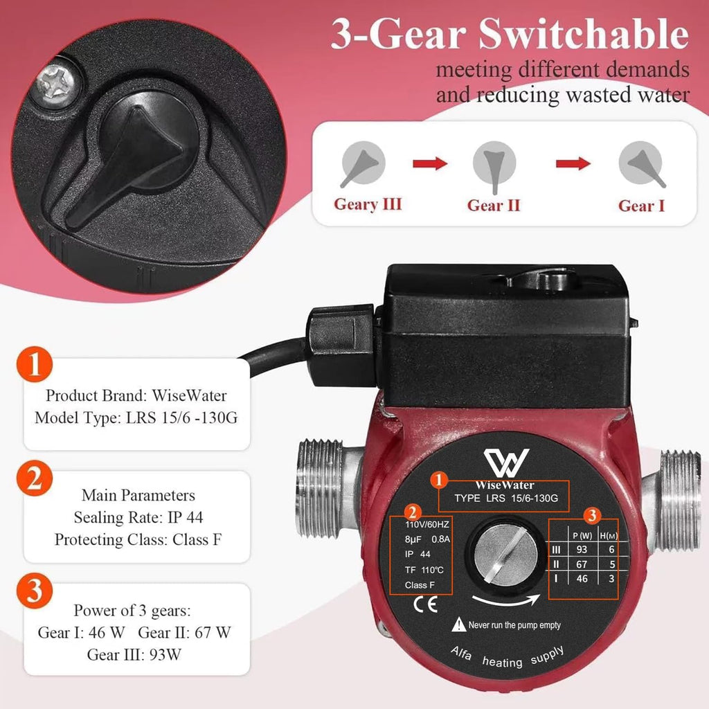 WiseWater 304 Stainless Steel Hot Water Recirculating Pump, 3-speed