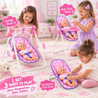 fash n kolor Baby Doll Stroller & Nursery Playset for 18 Inch Dolls – Convertible High Chair, Swing & Bed Doll Furniture Set with Diaper Bag