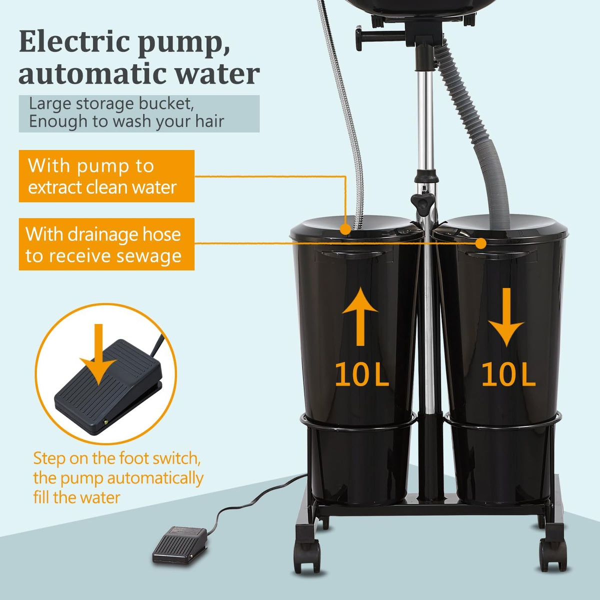 Portable Shampoo Bowl with Electric Pump (Pack of 1) | Adjustable Basin Height, Dual-Bucket Design with Drain Hoses | Home & Barber Use