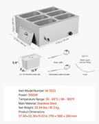 VEVOR 6-Pan Commercial Food Warmer 1500W Electric Steam Table 48QT 6x1/3Pan