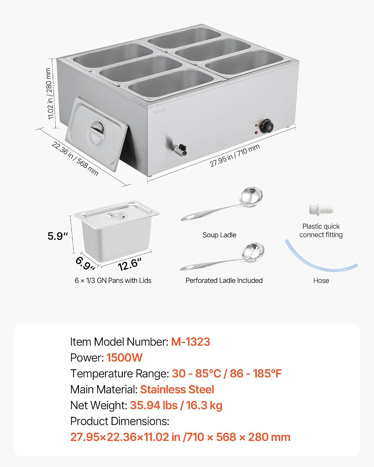 VEVOR 6-Pan Commercial Food Warmer 1500W Electric Steam Table 48QT 6x1/3Pan