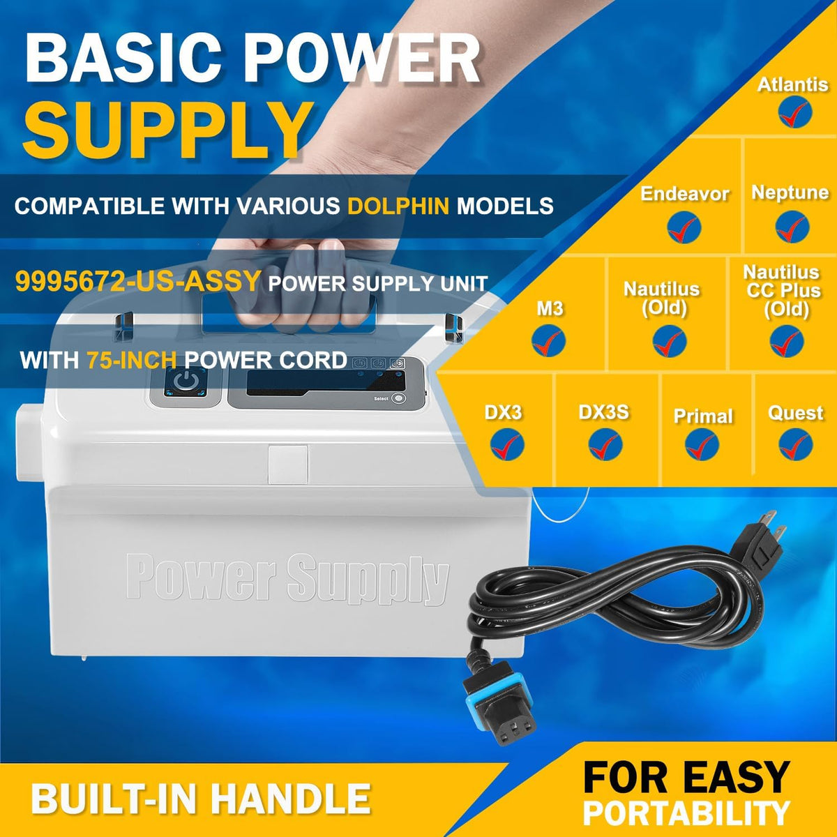 For Dolphin Pool Cleaner Power Supply 180W Replacement for 9995672-US-ASSY –Works with Nautilus CC Plus, DX3, Neptune, Quest – Includes Power Cord