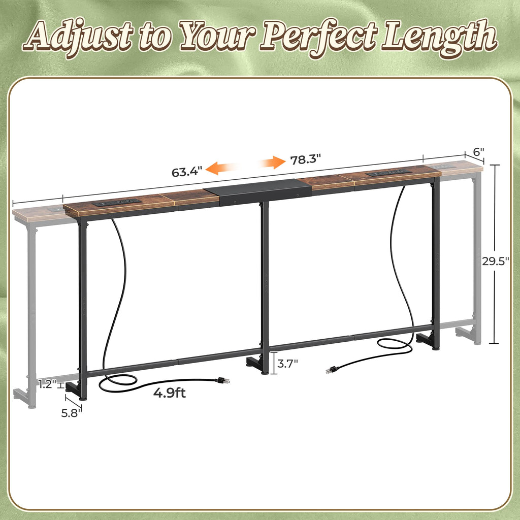 Huuger 63.4-78.3'' Extendable Behind Couch Table with Outlets, Rustic Brown