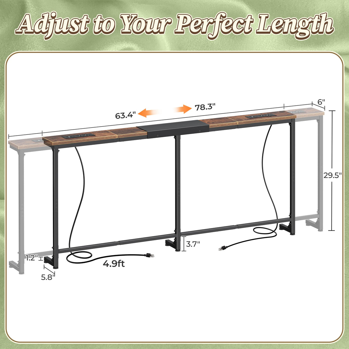 Huuger 63.4-78.3'' Extendable Behind Couch Table with Outlets, Rustic Brown