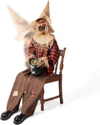 Halloween Animatronics Decorations Scary Sitting Scarecrow with Candy Bag, 55'' Animated Jumpscare Halloween Props with Sound & Motion Activated