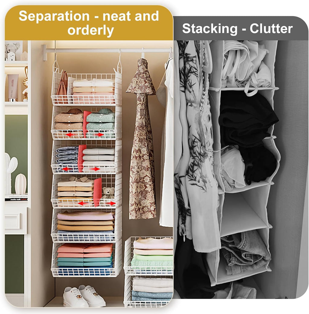 6 Tier Extra Large Hanging Closet Organizer, Closet Storage Hanging with Dividers, Wire Closet Shelf with 5 S Hooks 4 Dividers,Sweater Handbag Hat