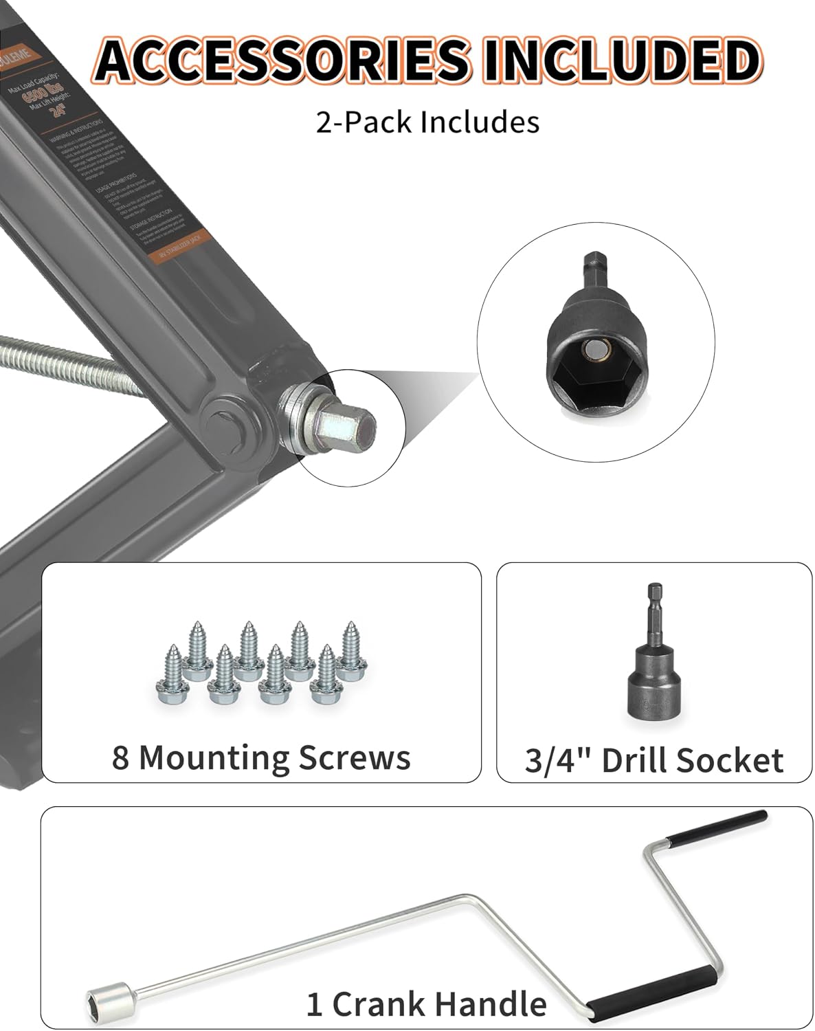 6500 lbs RV Camper Scissor Jack, 24" Trailer Leveling Stabilizer 2PK