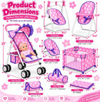 fash n kolor Baby Doll Stroller & Nursery Playset for 18 Inch Dolls – Convertible High Chair, Swing & Bed Doll Furniture Set with Diaper Bag