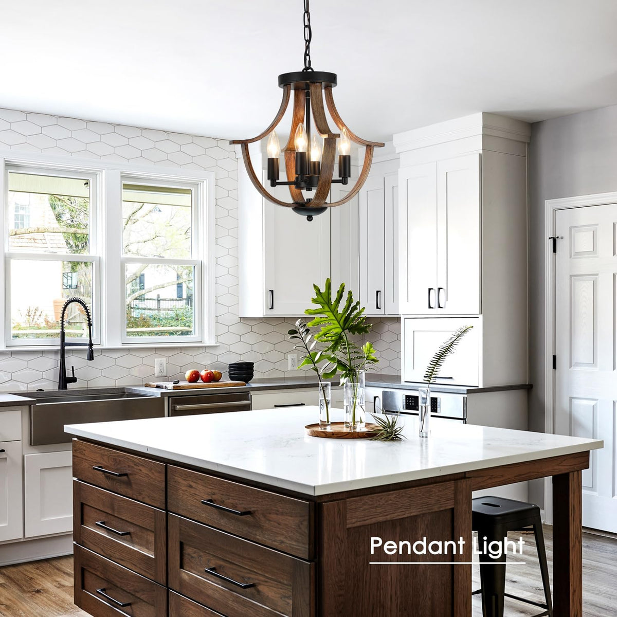 Farmhouse Hanging Pendant Lighting, 4-Light Rustic Flush Mount Ceiling Light Fixture,Modern Faux Wood Vintage Chandelier for Dining Room Kitchen