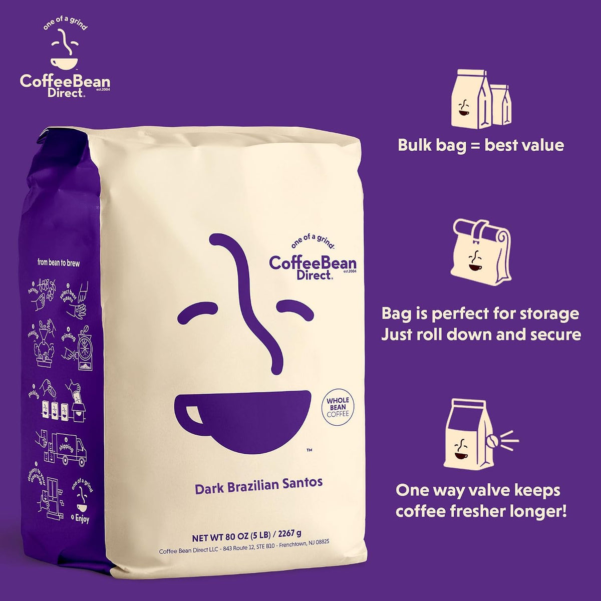 Coffee Bean Direct Dark Brazilian Santos, Whole Bean, 5lb Bag