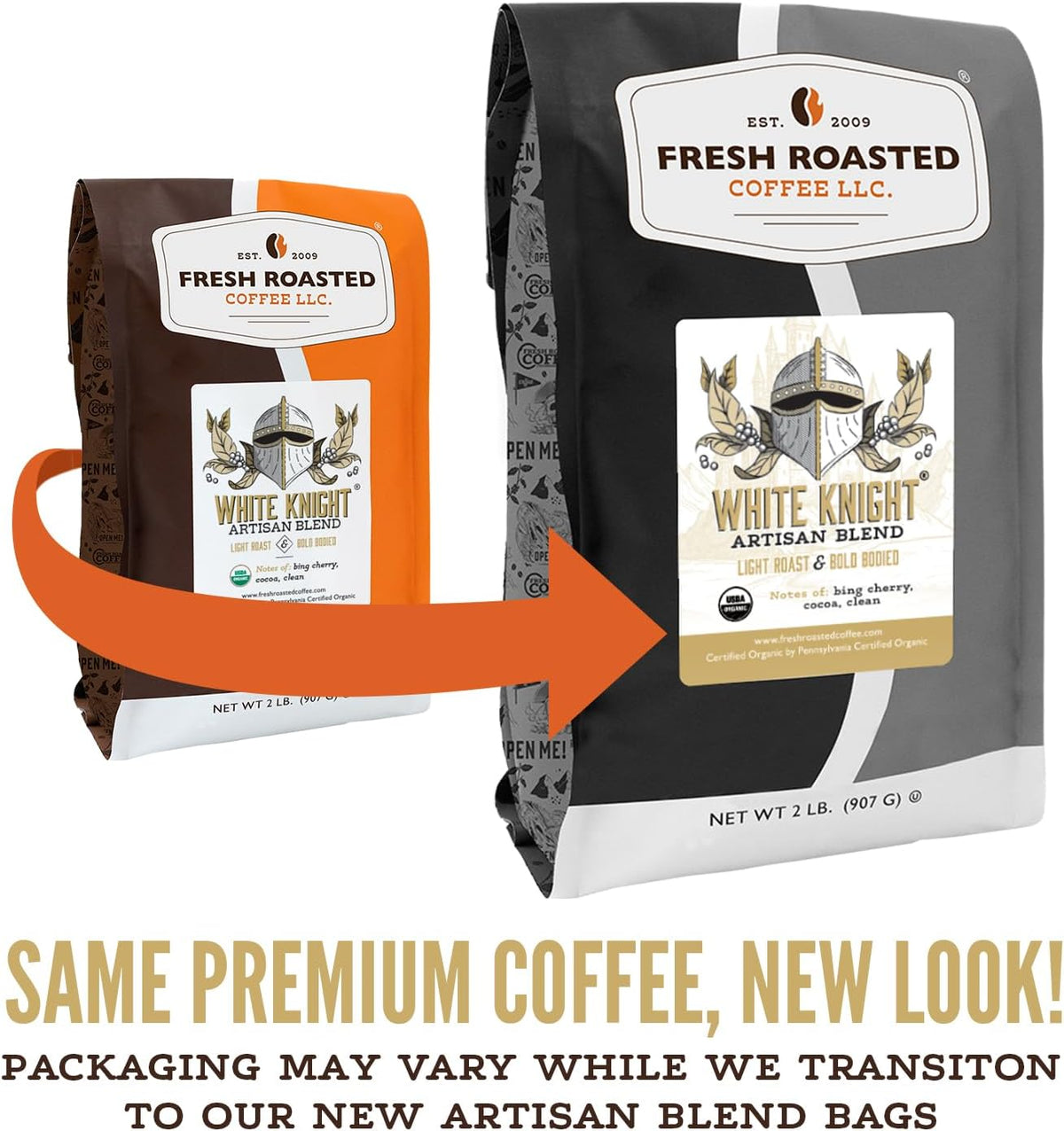 Fresh Roasted Coffee, Organic White Knight Whole Bean Coffee, Light Roast, USDA Organic, Kosher, 5 lb (80 oz)