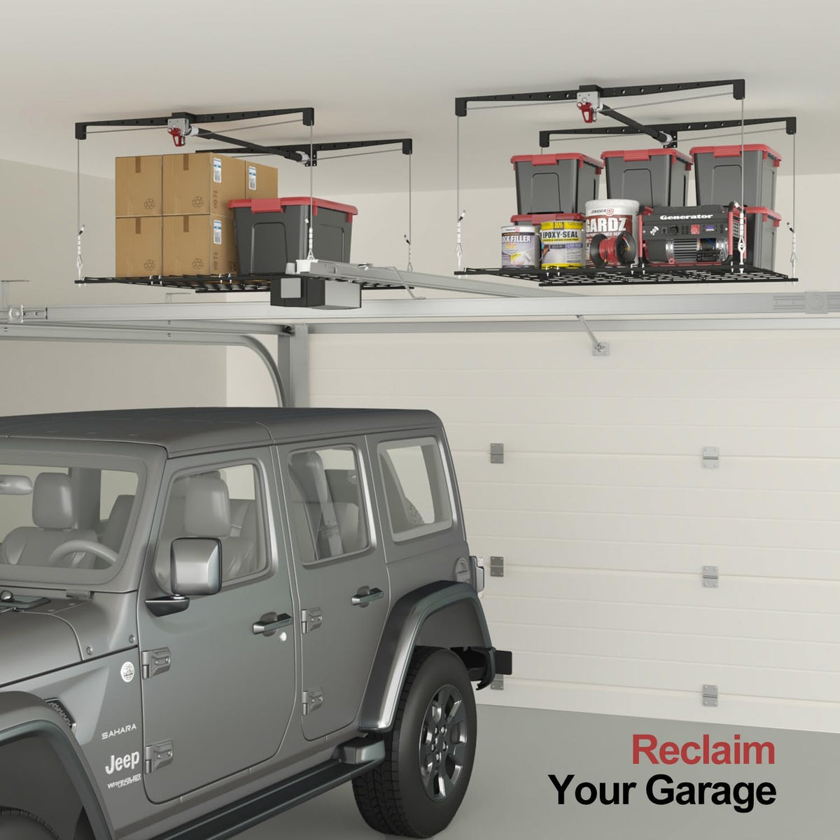 Overhead Garage Storage Rack for 8-10 FT Ceiling, Heavy-duty 4x4 FT Ceiling Storage Racks with Safety Lock, Ideal for Garage Storage Mounted Lift