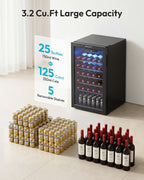 EUHOMY 125 Can Wine Cooler Refrigerator, Wine Fridge Glass Door, Black