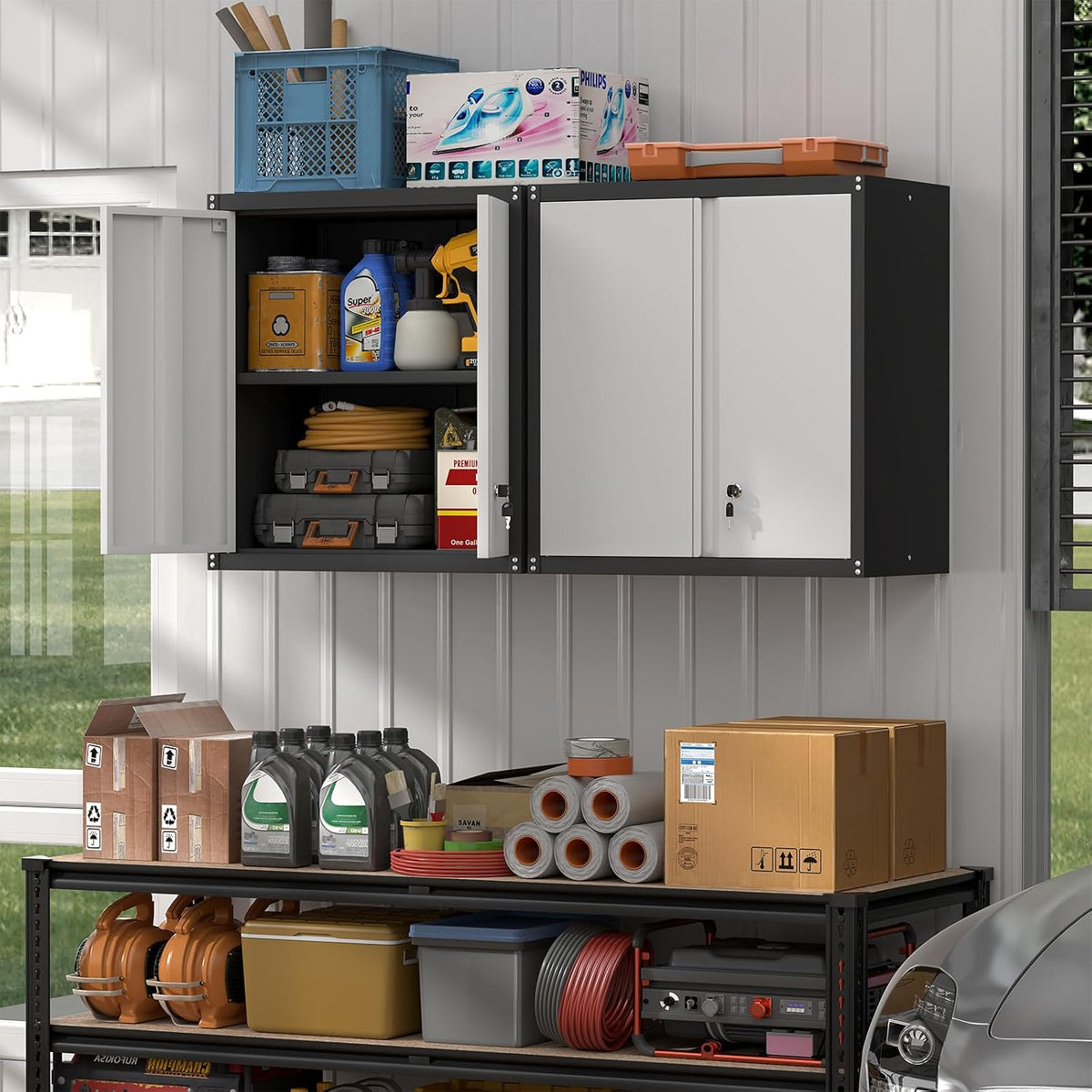 Garage Storage Cabinet, Wall Mounted Locking Cabinet with Doors and Shelves, Steel Tool Garage Cabinets and Storage, Utility Cabinet for Workshop