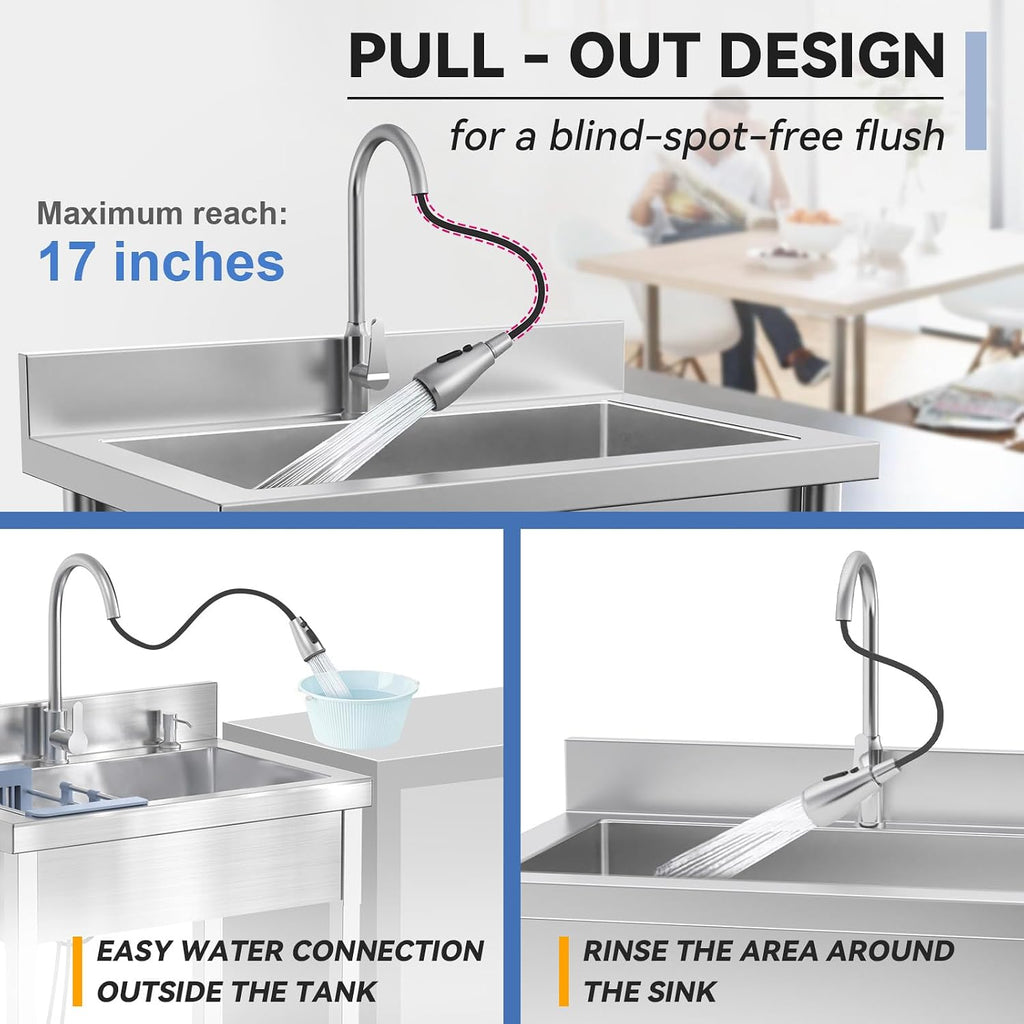 28" Commercial Stainless Steel Utility Sink, Single Bowl Freestanding Kitchen Sink with Hot & Cold Water Faucet, Drain Kit & Hoses for Restaurant