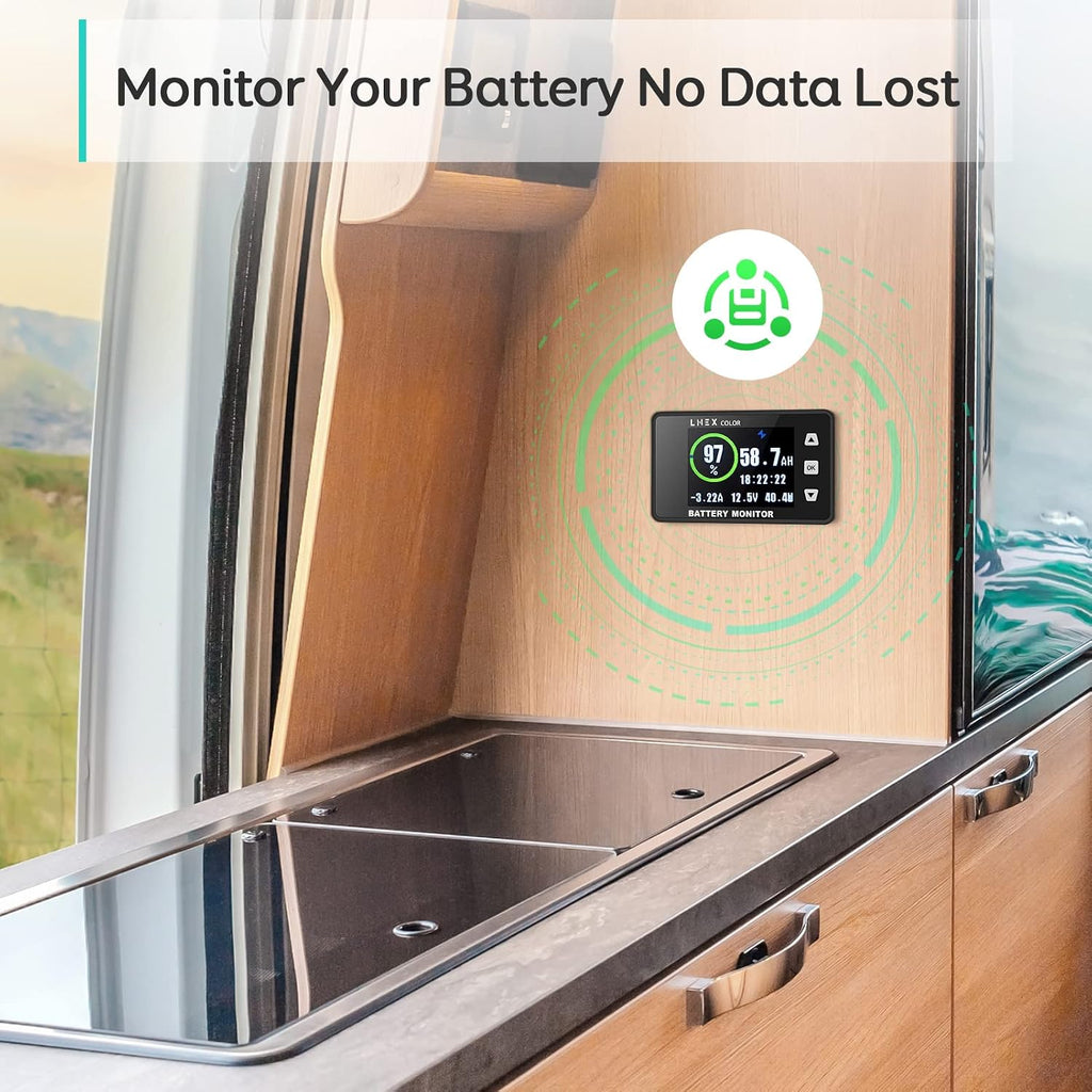 LNEX 500A Shunt Battery Monitor, 2.4" Color Screen RV Monitor with 16ft Shielded Wire, Support High Low Voltage Programmable Alarm for 8-100V Lifepo4