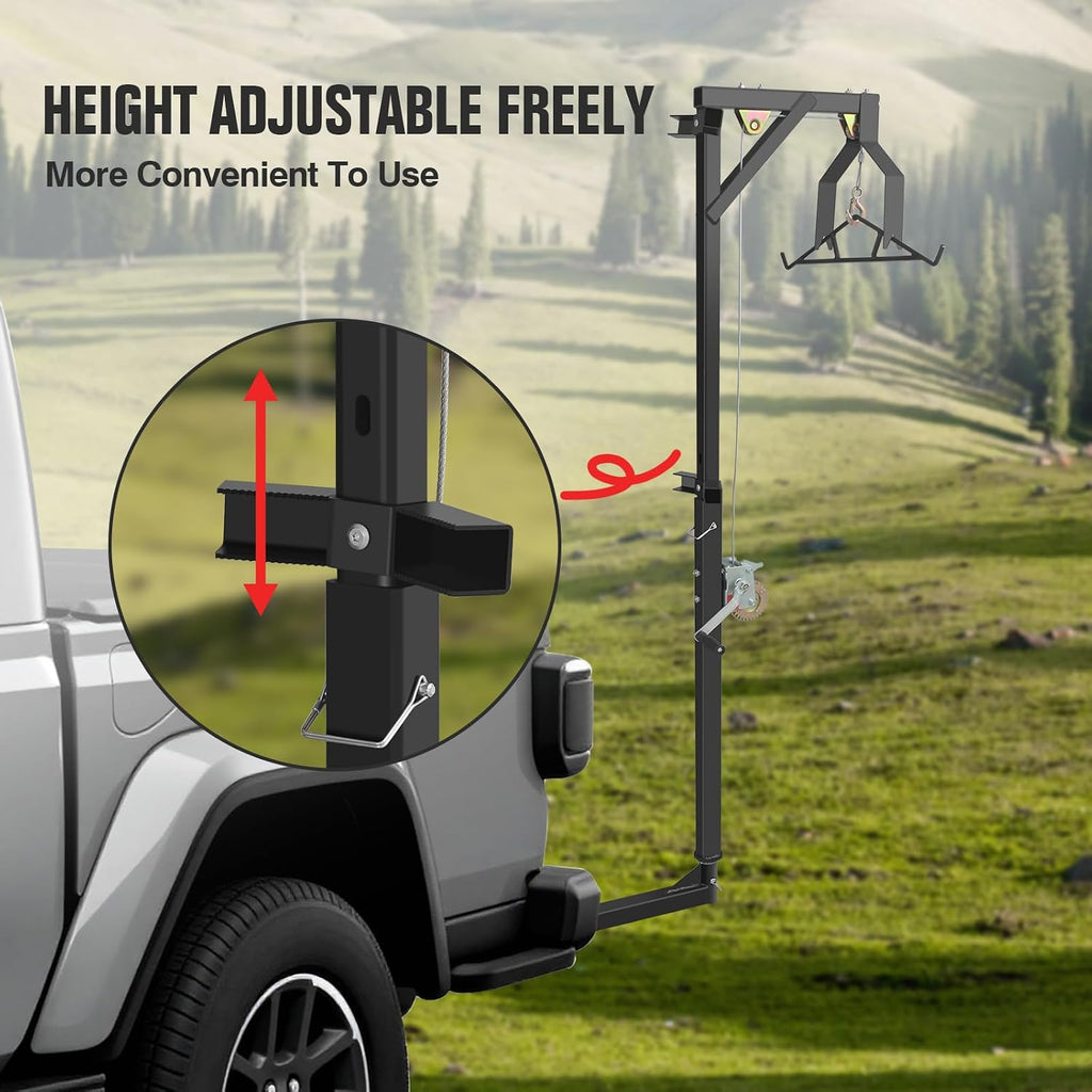 2" Hitch Mounted Deer Hanger, 600LBS Capacity, with 2 Size Gambrels and Winch, Hunting Game Hoist Truck Hitch 360 Degrees Swivel Mounted