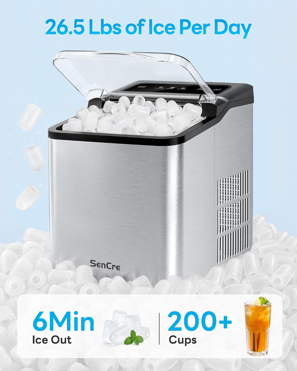 Ice Makers Countertop 26.5Lbs/24H, 9 Ice Cubes Release in 6 Mins, Ice Machine with 2 Sizes Bullet Ice, Self-Cleaning Portable Ice Maker with Ice