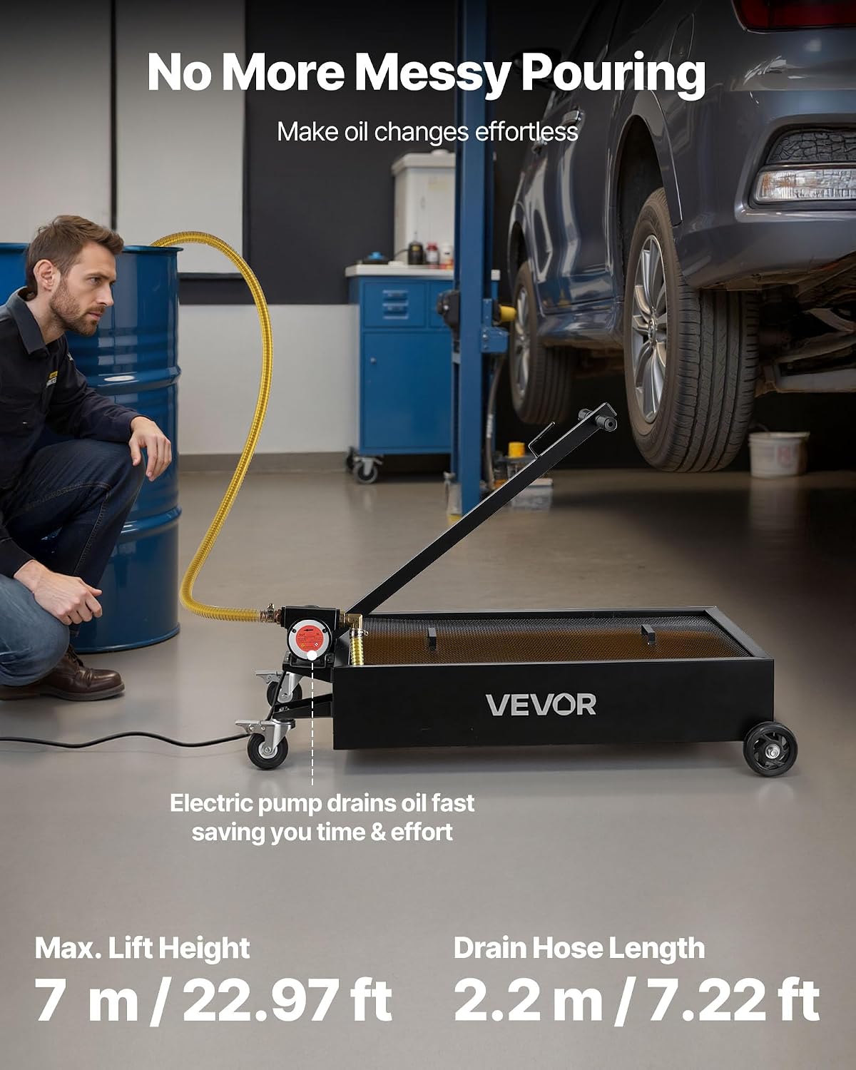 VEVOR Low Profile Oil Drain Pan, 15 Gallon Capacity, Rolling Oil Drain Pan with Electric Pump & 7.2 ft Hose, Leak-Proof & Corrosion-Resistant, Fit