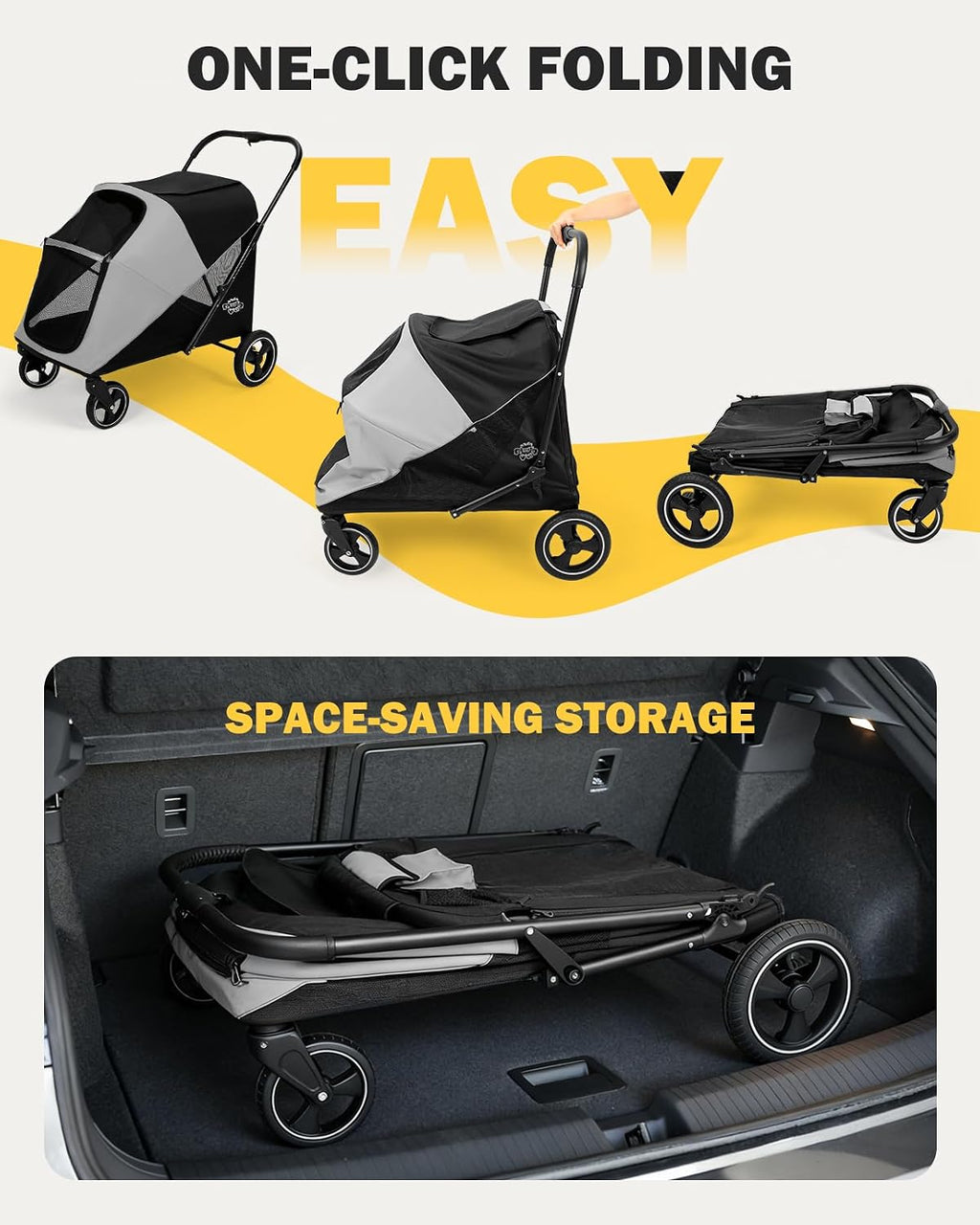 Dog Stroller for Large & Medium Dogs, 4 Wheels Pet Stroller for Large Dogs up to 120lbs, Extra Large Dog Stroller with Foldable Design, Sun Shades