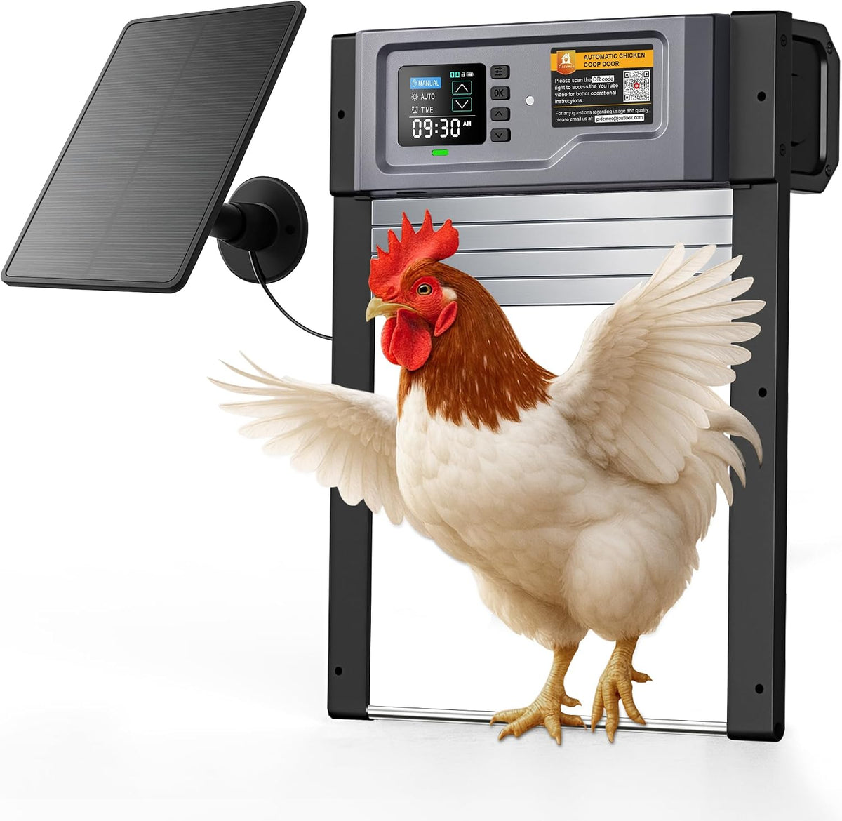 Automatic Chicken Coop Door, Solar Powered Roll-Up Chicken Door with Light Sensor, Timer & Manual Mode, 2500mAh Battery, USB-C Backup, Aluminum Frame