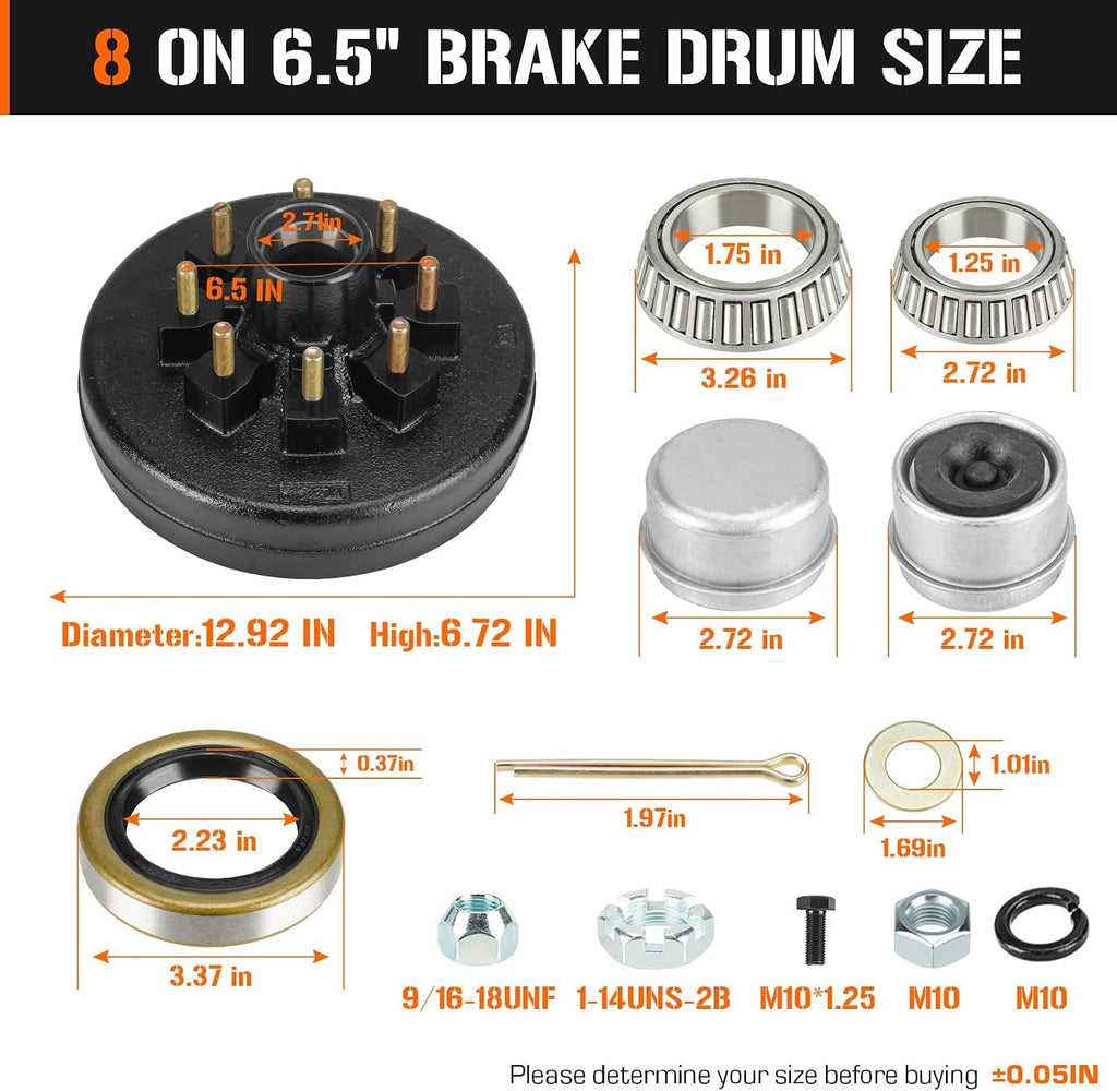 Aeagle 8 on 6.5" Bolt Circle Hub Drum Kits w/ 12" x 2" Left and Right Electric Brake for 7,000lbs Trailer Axle,Cone Bearing