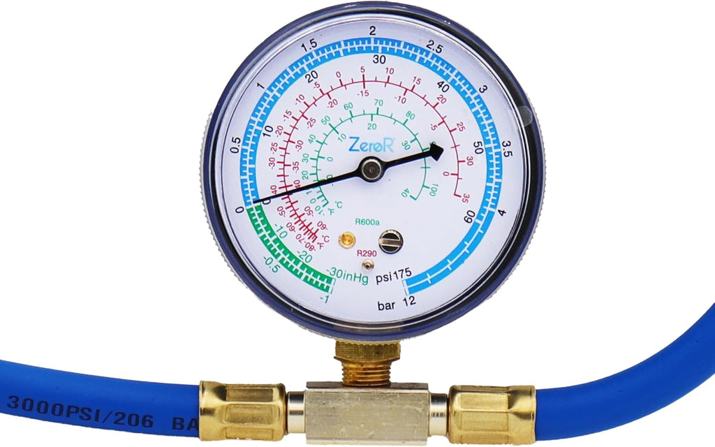 R290 AC Refrigerant Recharge Kit | 14" Hose Can Tap with Gauge | 3-8oz Cans