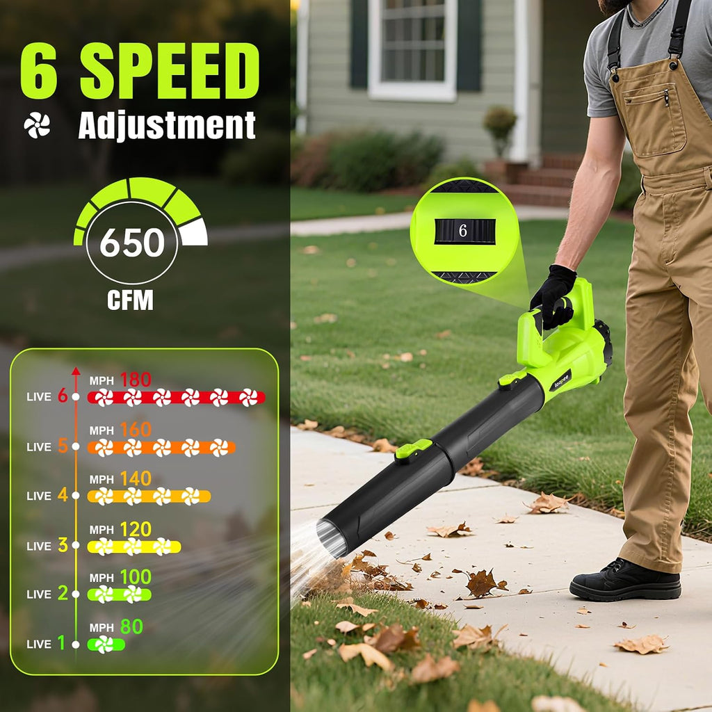 Leaf Blower Cordless 650CFM with 2x4.0Ah Battery & Fast Charger, Lime Green