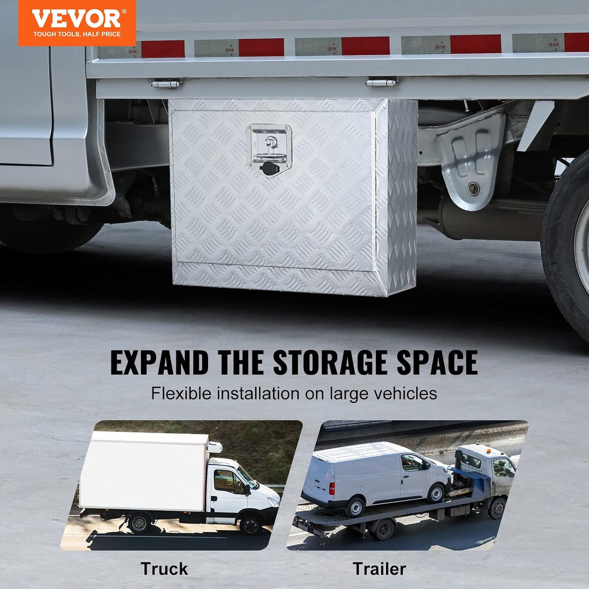 VEVOR Underbody Truck Box, 24"×14"×16" Pickup Storage Box, Heavy Duty Aluminum Diamond Plate Tool Box with Lock and Keys, Waterproof Trailer Storage