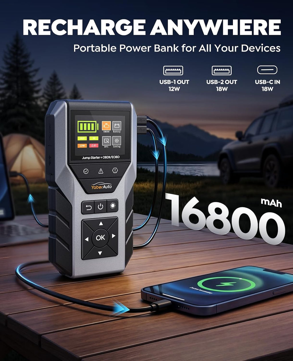 YaberAuto 6000A Portable Car Jump Starter with OBD2 Scanner, Code Reader