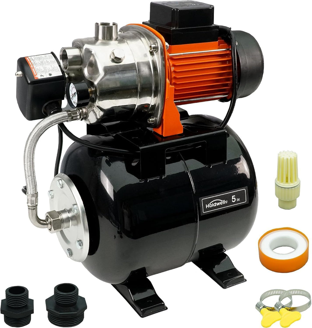HoldwellS 115V Shallow Well Jet Pump with 5 Gallon Pressure Tank 1320 GPH Stainless Steel Automatic Water Booster Pump with Pressure Switch & Gauge
