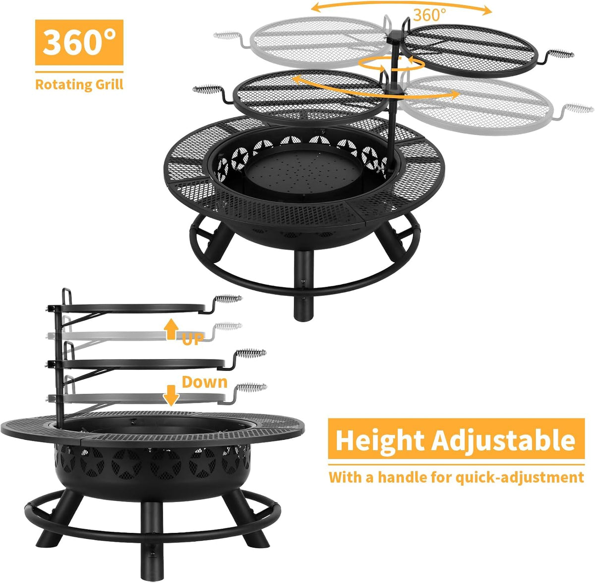 Hykolity 35 Inch Fire Pit with 2 Cooking Grate & Charcoal Pan, Outdoor Wood Burning BBQ Grill Firepit Bowl with Cover Lid, Steel Round Table for