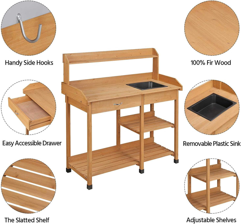 Yaheetech Potting Bench with Sink & Drawer, Outdoor Gardening Table, Wood