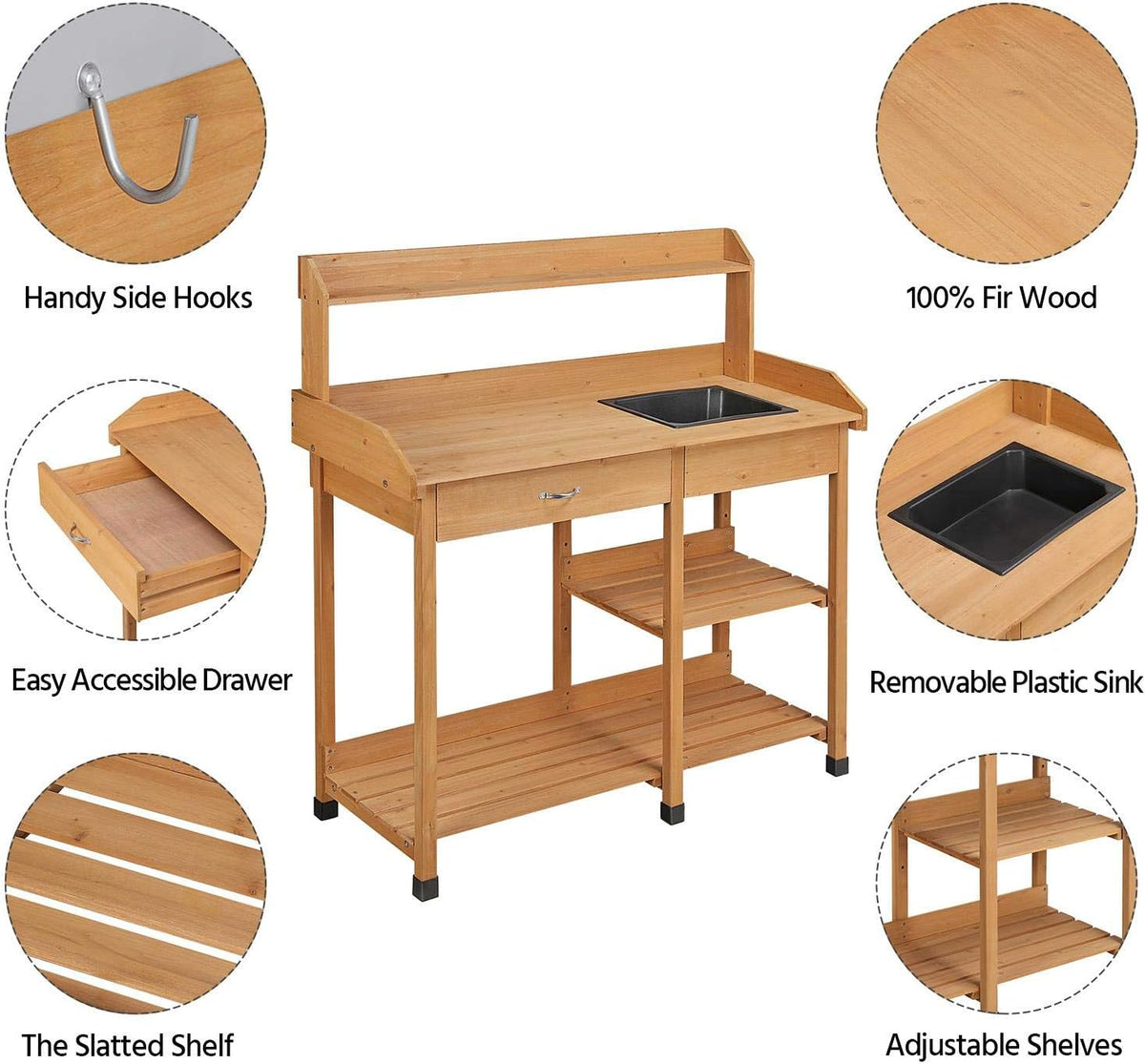 Yaheetech Potting Bench with Sink & Drawer, Outdoor Gardening Table, Wood