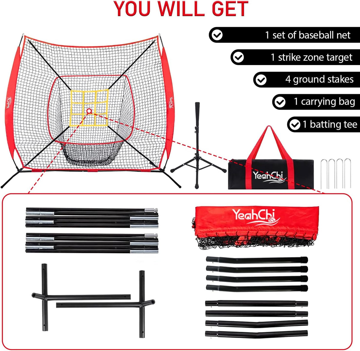 7x7 Ft Baseball and Softball Training Net with Batting Tee, Strike Zone Target, Portable Hitting and Pitching Practice Set