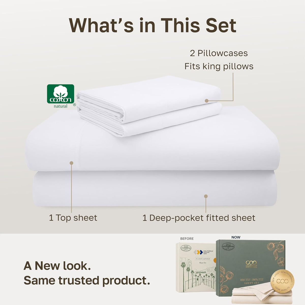California Design Den Luxury 600 Thread Count King Size Sheets Set, White