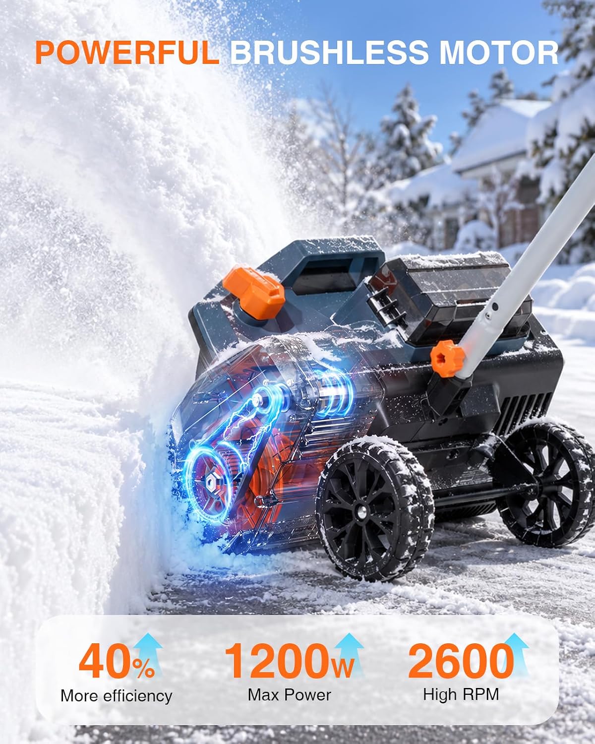 40V Electric Snow Shovel, 16 Inch Brushless Cordless Snow Blower with Wheel
