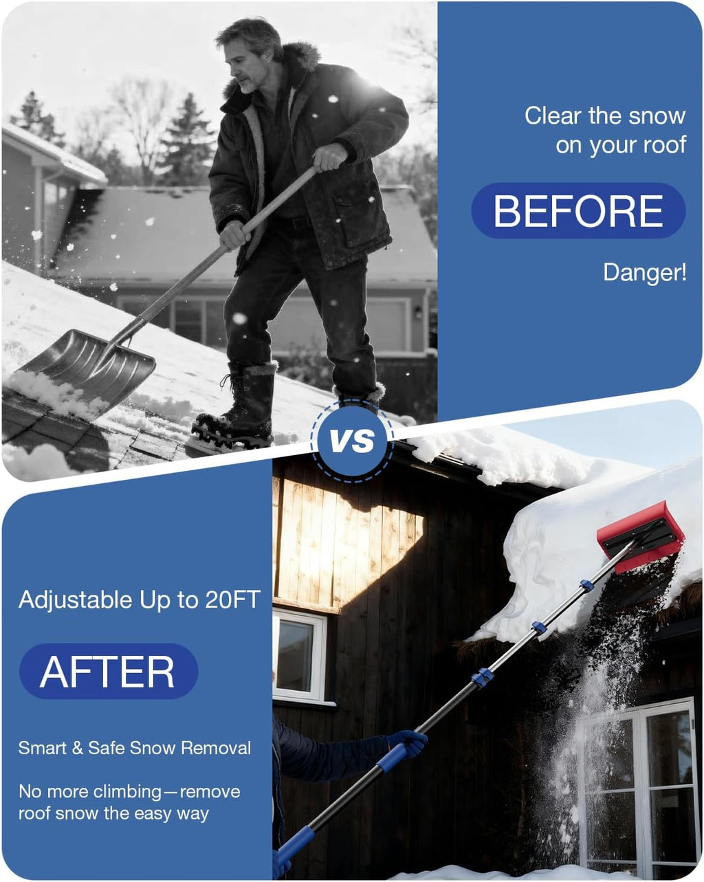Roof Rakes for Snow Removal, 20FT Telescoping Snow Rake for House Roof, Solar Panels, Cars & RV, Snow Broom Push/Pull, Heavy Duty Aluminum Ice
